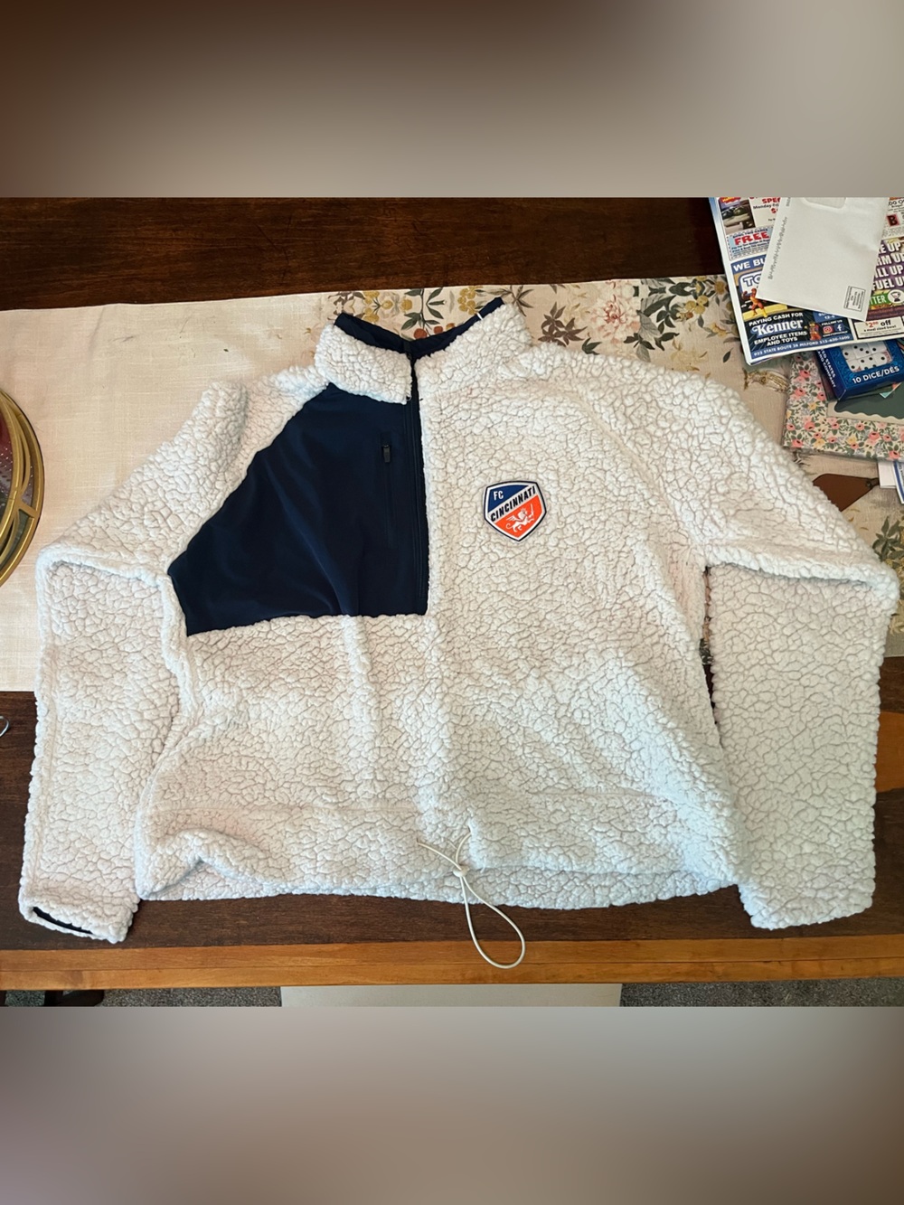 Sherpa Pullover Hoodie - White with Navy Panel